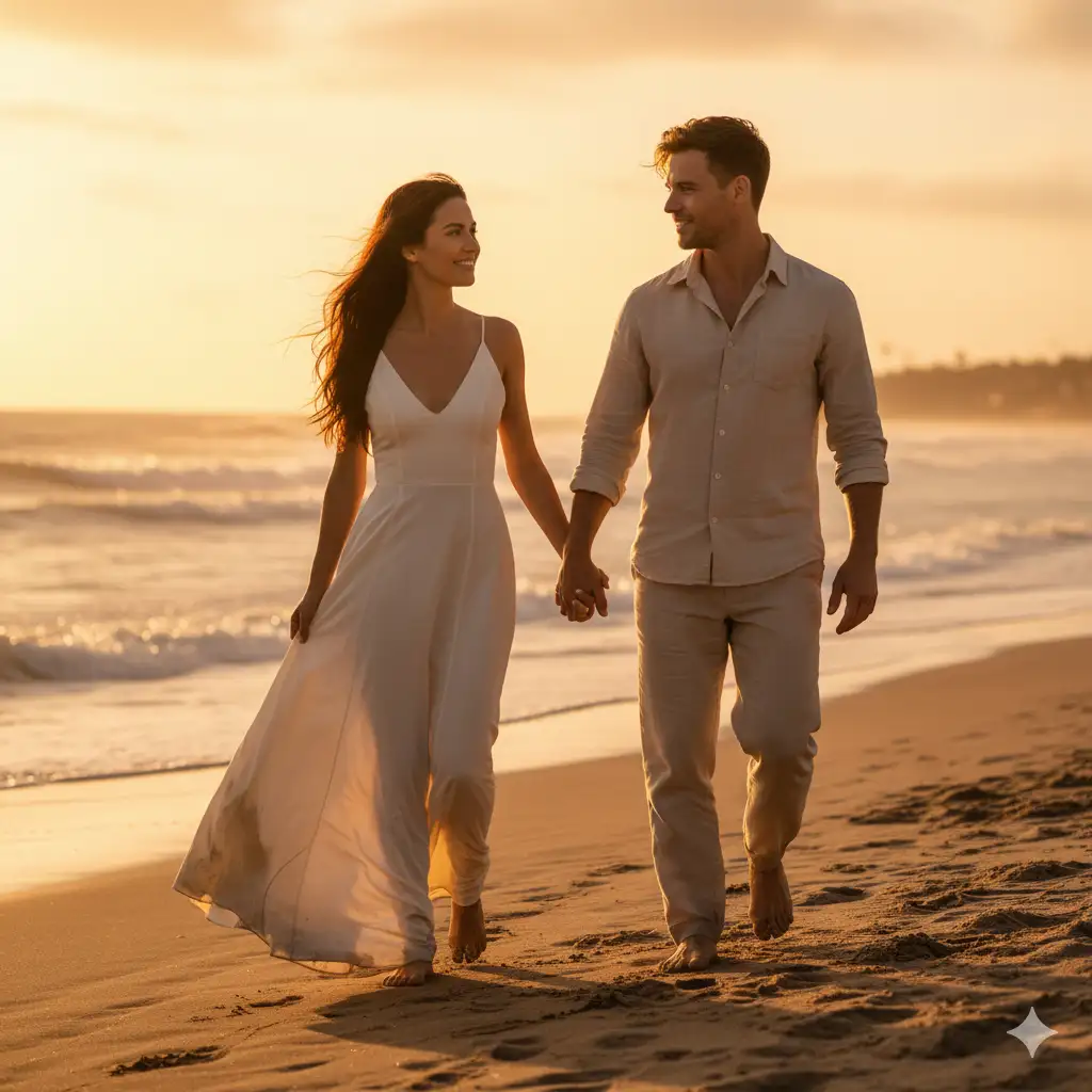 20 Gemini AI Prompts to Create Ultra-Realistic Couple Poses in 8K 2 Golden Hour Beach Walk, couple walk on beach,