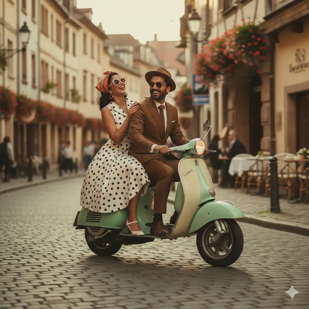 20 Gemini AI Prompts to Create Ultra-Realistic Couple Poses in 8K 9 Indian couple Vintage Retro Scooter Ride Gemini ai prompt