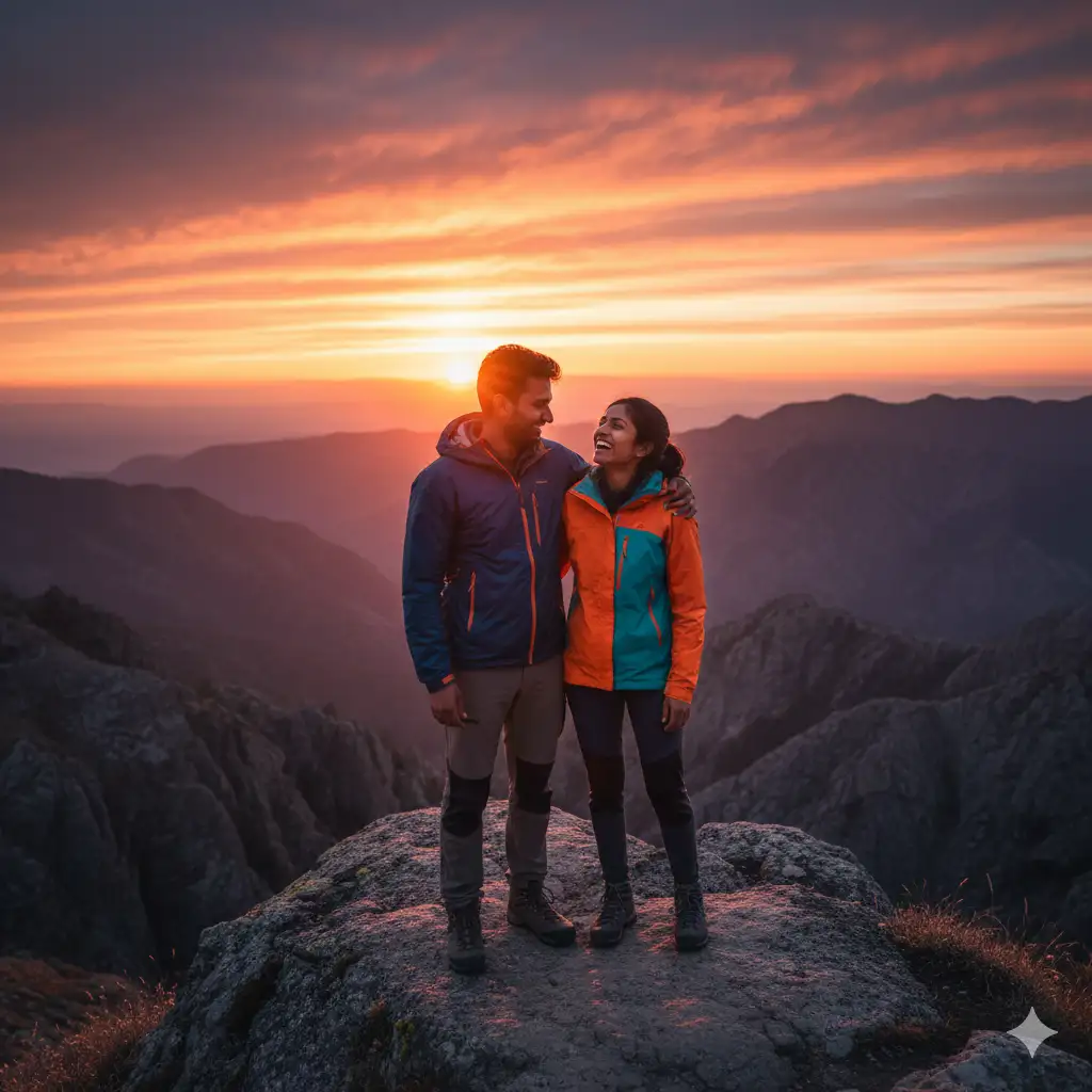 20 Gemini AI Prompts to Create Ultra-Realistic Couple Poses in 8K 7 India couple Adventure Mountain Cliff Edge Gemini ai prompt