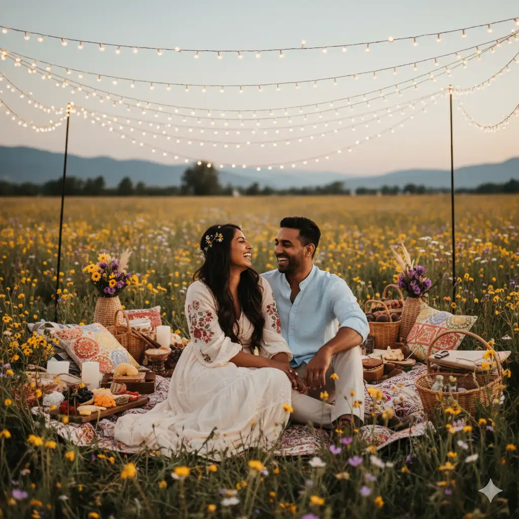 20 Gemini AI Prompts to Create Ultra-Realistic Couple Poses in 8K 17 Indian couple Boho Field Picnic gemini ai prompt