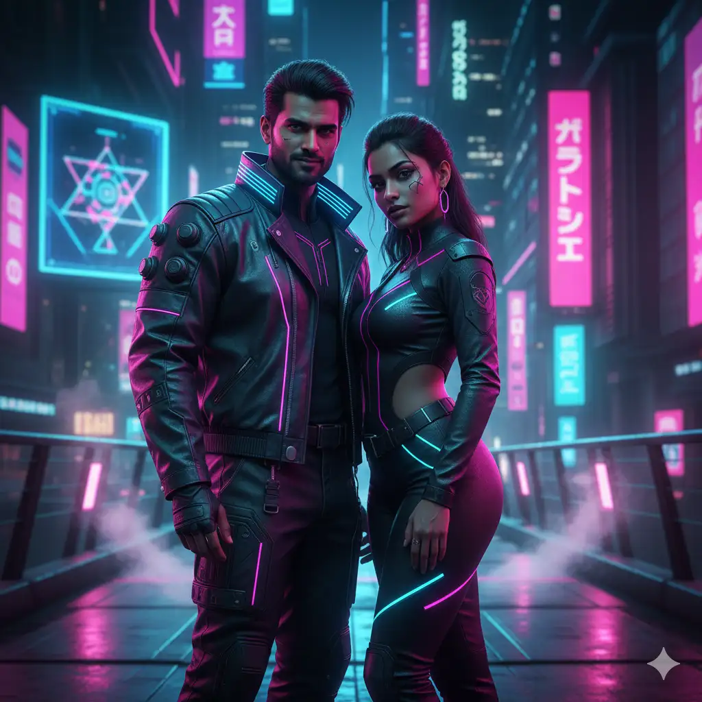 20 Gemini AI Prompts to Create Ultra-Realistic Couple Poses in 8K 13 Indian couple Futuristic Cyberpunk Cityscape Gemini ai prompt