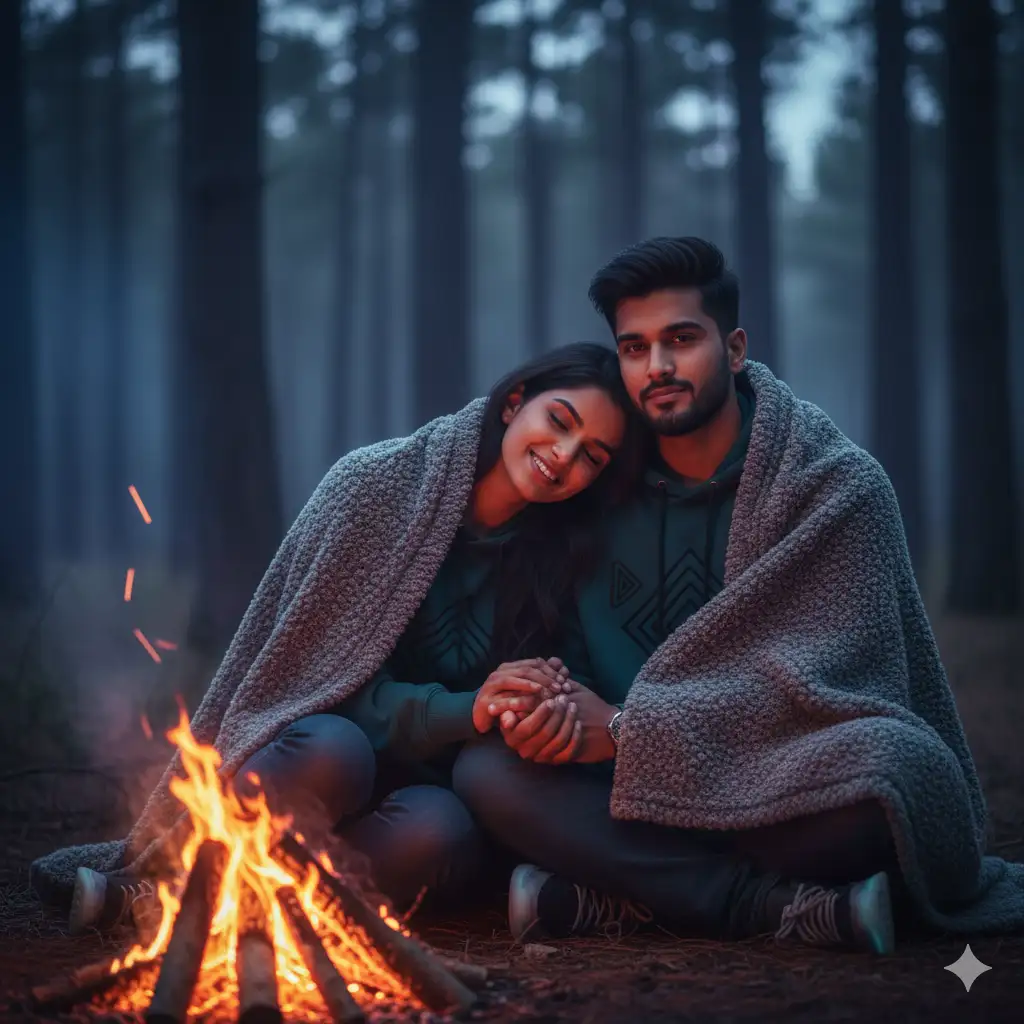 20 Gemini AI Prompts to Create Ultra-Realistic Couple Poses in 8K 5 India couple Rustic Campfire Forest Gemini ai prompt