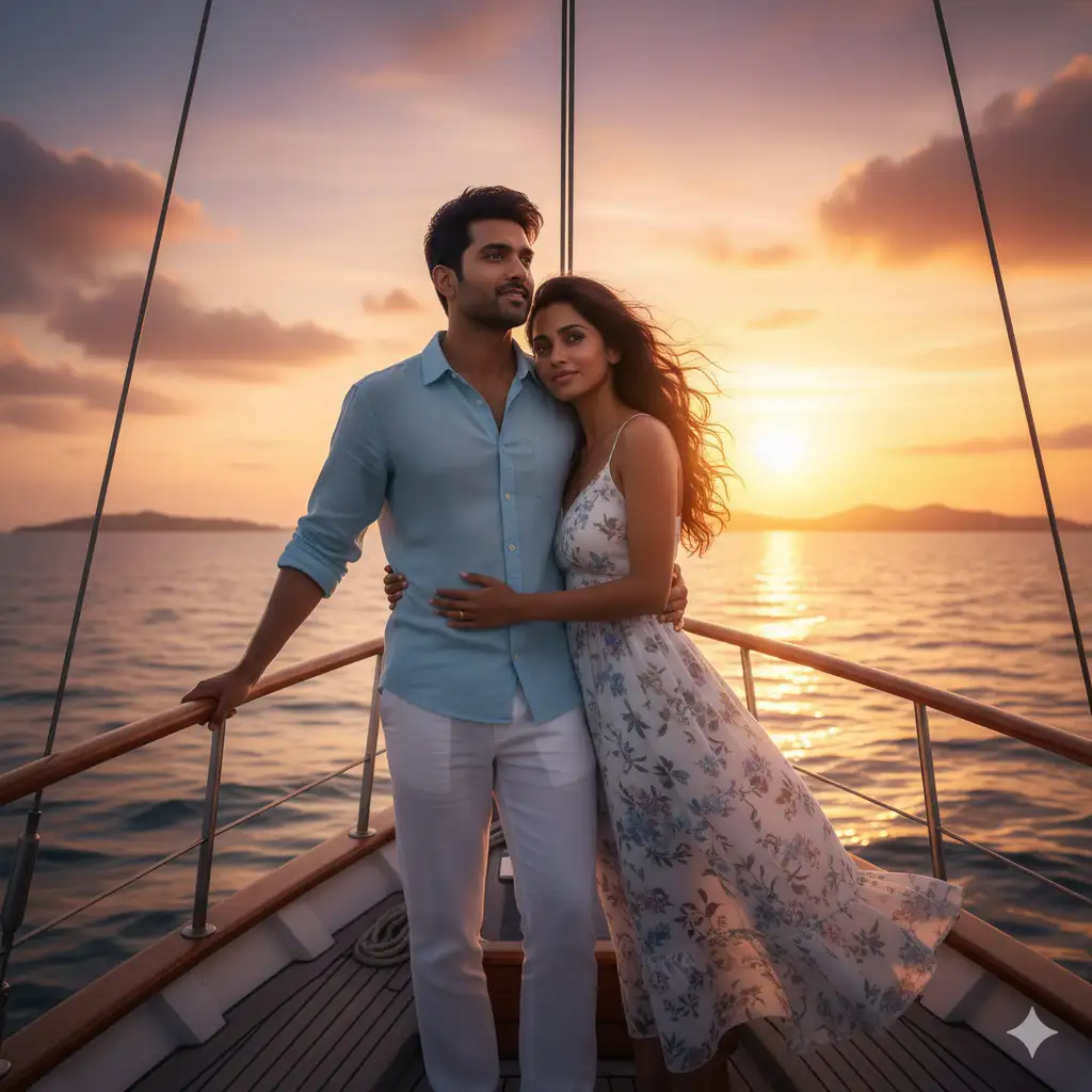 20 Gemini AI Prompts to Create Ultra-Realistic Couple Poses in 8K 16 Indian couple Sailboat Sunset Pose Gemini ai prompt