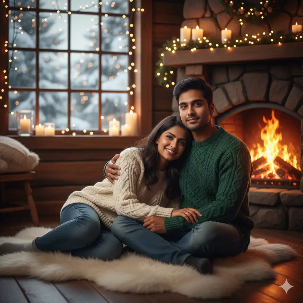 20 Gemini AI Prompts to Create Ultra-Realistic Couple Poses in 8K 14 Indian couple Snowy Winter Cabin Snuggle Gemini ai prompt