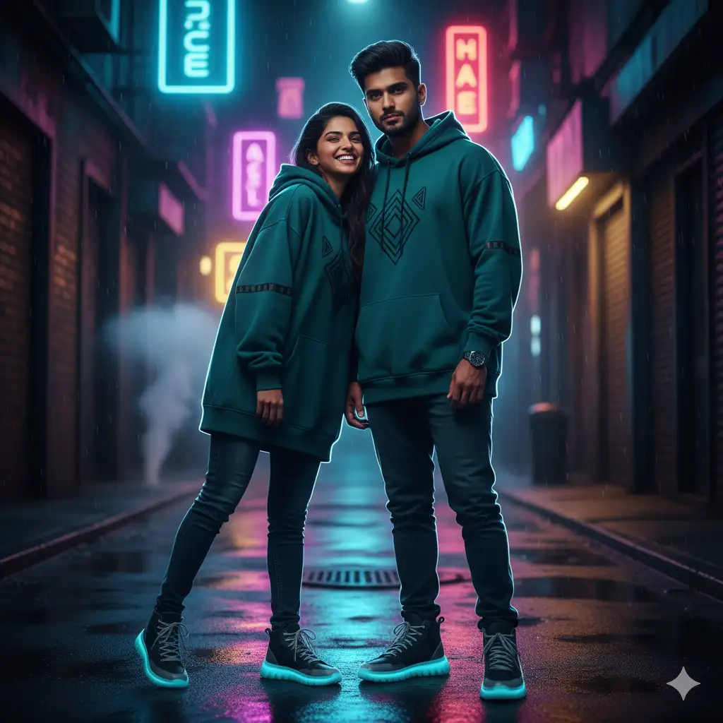 20 Gemini AI Prompts to Create Ultra-Realistic Couple Poses in 8K 4 Indian couple Urban Streetwear Neon Alley Gemini ai prompt