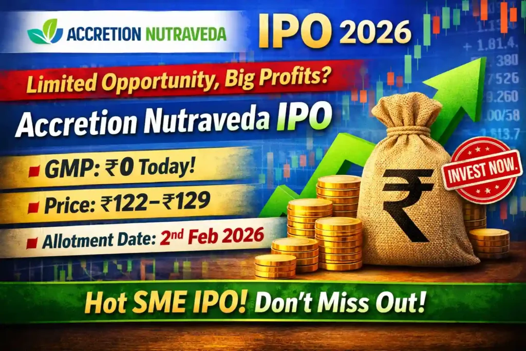 Accretion Nutraveda IPO Review 2026: GMP ₹0, सब्सक्रिप्शन स्टेटस और अलॉटमेंट डिटेल्स (लेटेस्ट अपडेट) 1 Accretion Nutraveda IPO 2026 feature image showing GMP ₹0, price band ₹122–129 and SME IPO investment opportunity