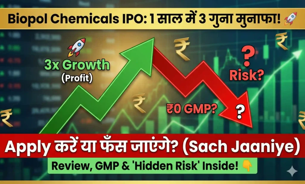 Biopol Chemicals IPO Review: GMP, Price, Date और क्या आपको Apply करना चाहिए? (Latest Update) 1 Biopol Chemicals IPO Review chart showing 3x profit growth vs ₹0 GMP risk. Hindi text 'Apply karein ya fans jayenge' with green uptrend and red downtrend arrows for SME IPO analysis.