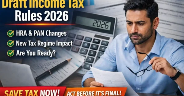 Salaried Indian man reviewing documents about Draft Income Tax Rules 2026 including HRA and PAN changes