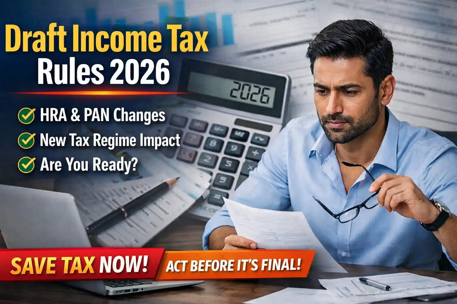 Salaried Indian man reviewing documents about Draft Income Tax Rules 2026 including HRA and PAN changes