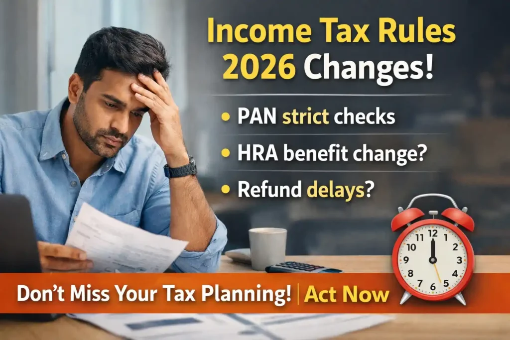 Income Tax Rules 2026 changes showing worried salaried man reviewing documents with PAN strict checks HRA benefit update and refund delays text overlay