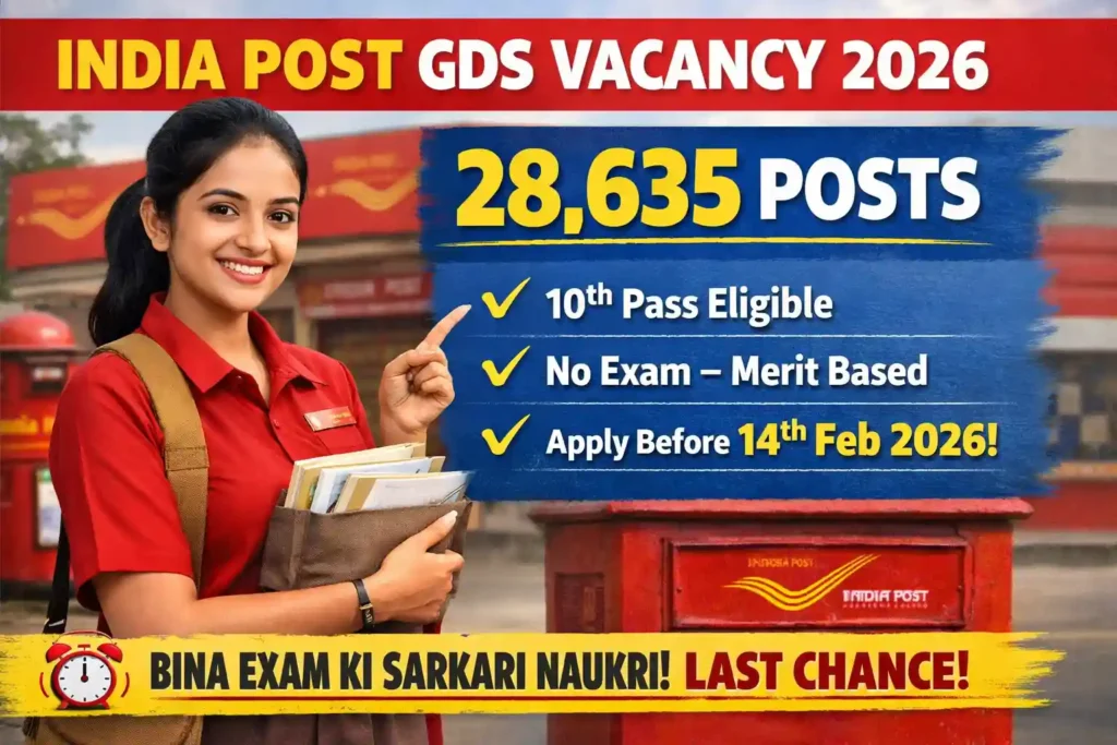 10th pass candidates ke liye bina exam wali sarkari naukri – 28,635 posts, last chance! 1 India Post GDS Vacancy 2026 feature image showing Gramin Dak Sevak candidate – 28635 posts apply online