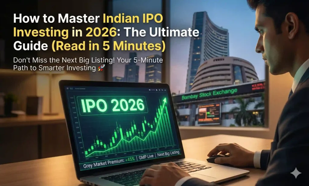 Laptop screen showing IPO 2026 dashboard with live Grey Market Premium charts.