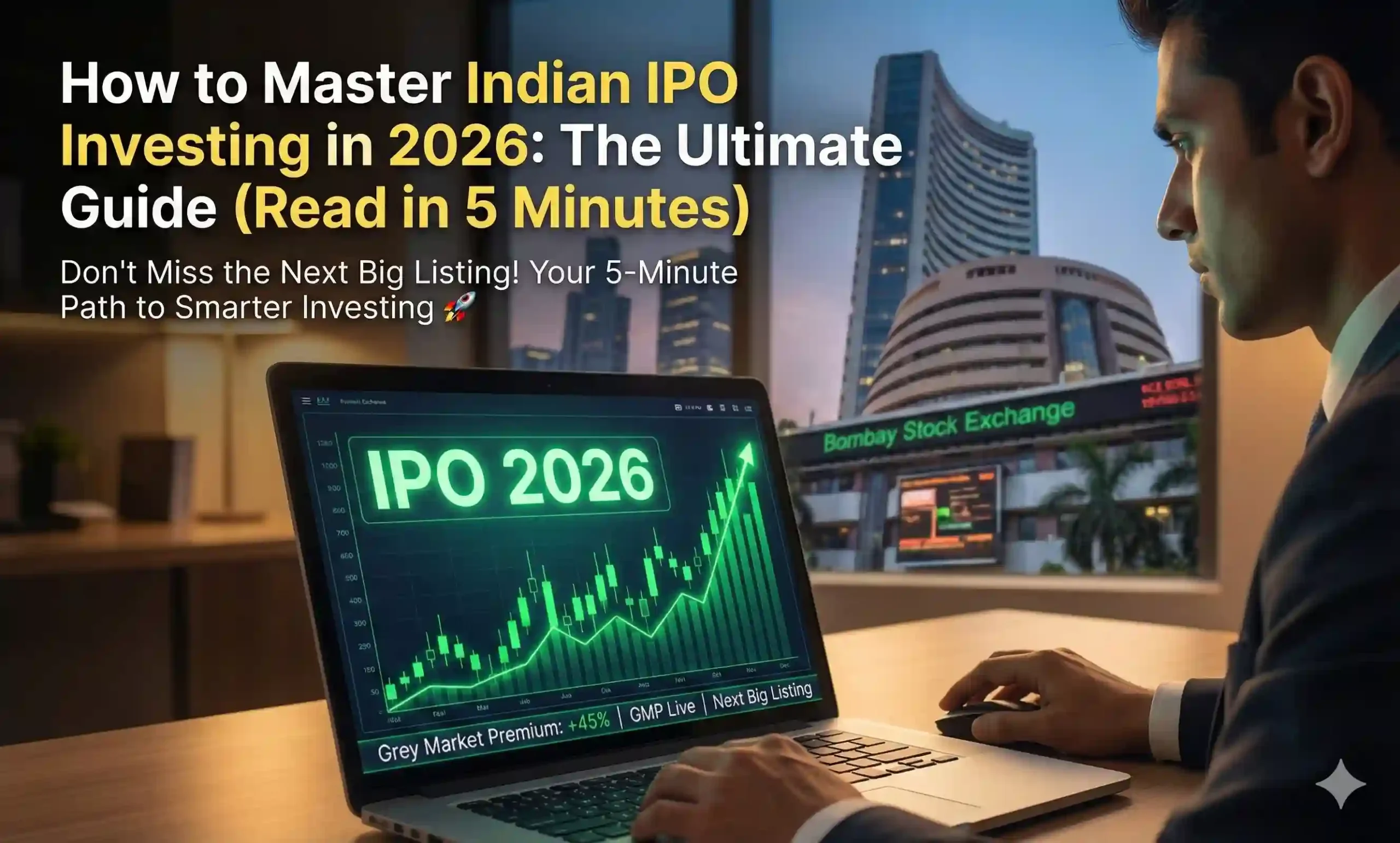 Laptop screen showing IPO 2026 dashboard with live Grey Market Premium charts.
