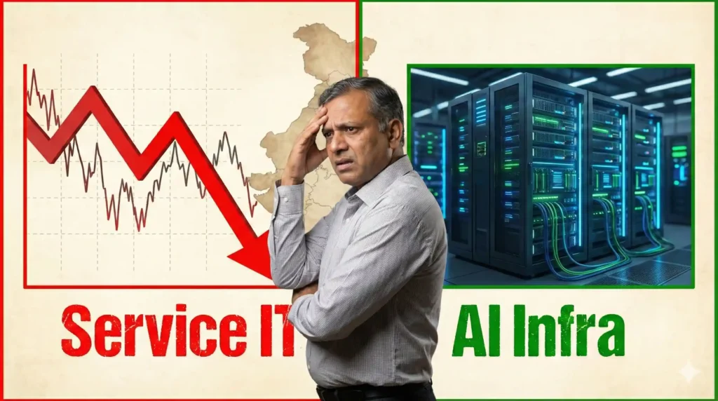 Nifty IT Bleeds: Why the New 'Agentic AI' Wave is a Wake-Up Call for Your TCS & Infosys Holdings 1 Worried Indian investor analyzing a red crashing stock chart labeled 'Service IT' versus green glowing AI infrastructure server racks labeled 'AI Infra' against a vintage map of India.