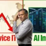 Worried Indian investor analyzing a red crashing stock chart labeled 'Service IT' versus green glowing AI infrastructure server racks labeled 'AI Infra' against a vintage map of India.