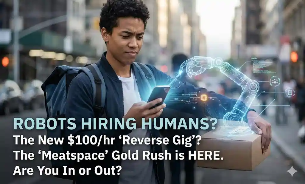 A confused gig worker looking at a smartphone with a holographic robot arm offering a package, illustrating the question is RentAHuman AI real or fake and the rise of the reverse gig economy.
