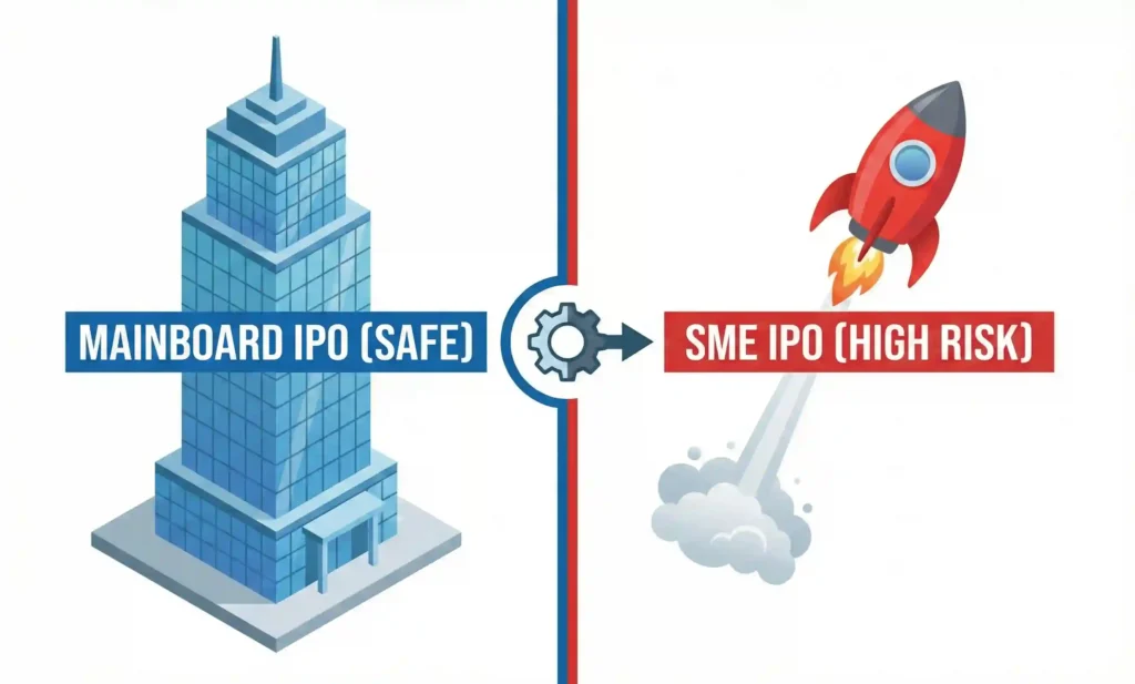 Comparison graphic showing Mainboard IPOs as stable buildings and SME IPOs as risky rockets.