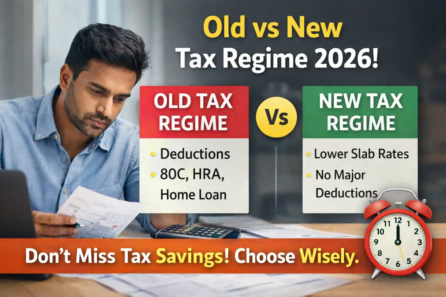 Old vs New Tax Regime 2026 comparison showing salaried professional calculating tax with slab differences and deduction benefits explained
