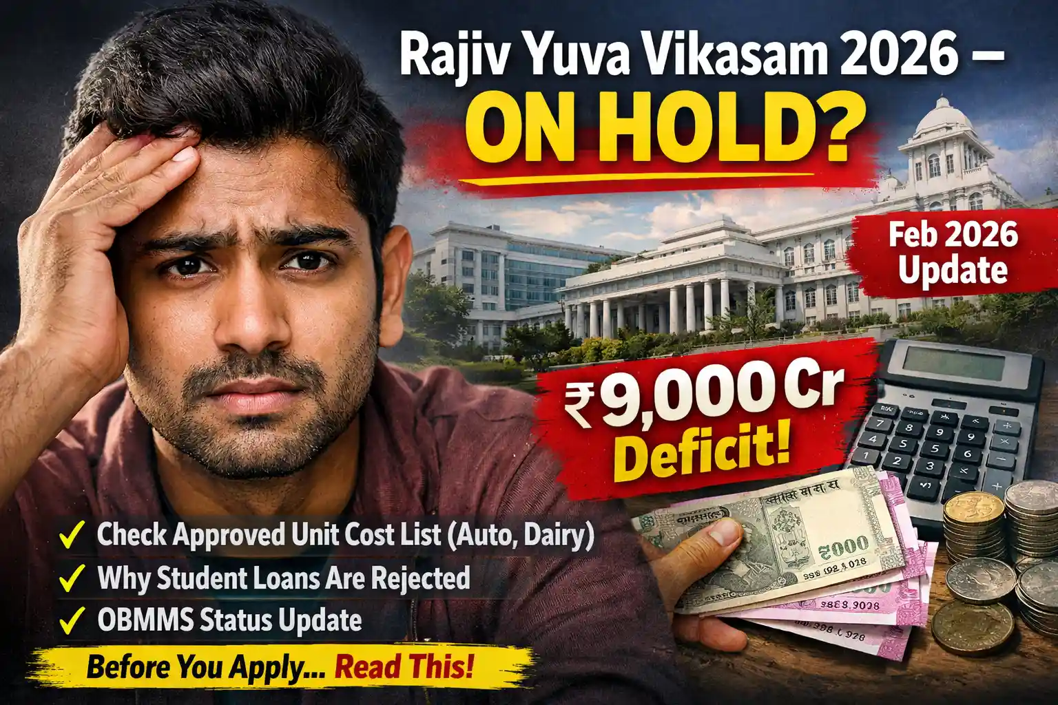 Rajiv Yuva Vikasam Scheme 2026 on hold due to ₹9,000 crore deficit – worried Telangana youth reacting to student loan rejection and business subsidy delay update February 2026