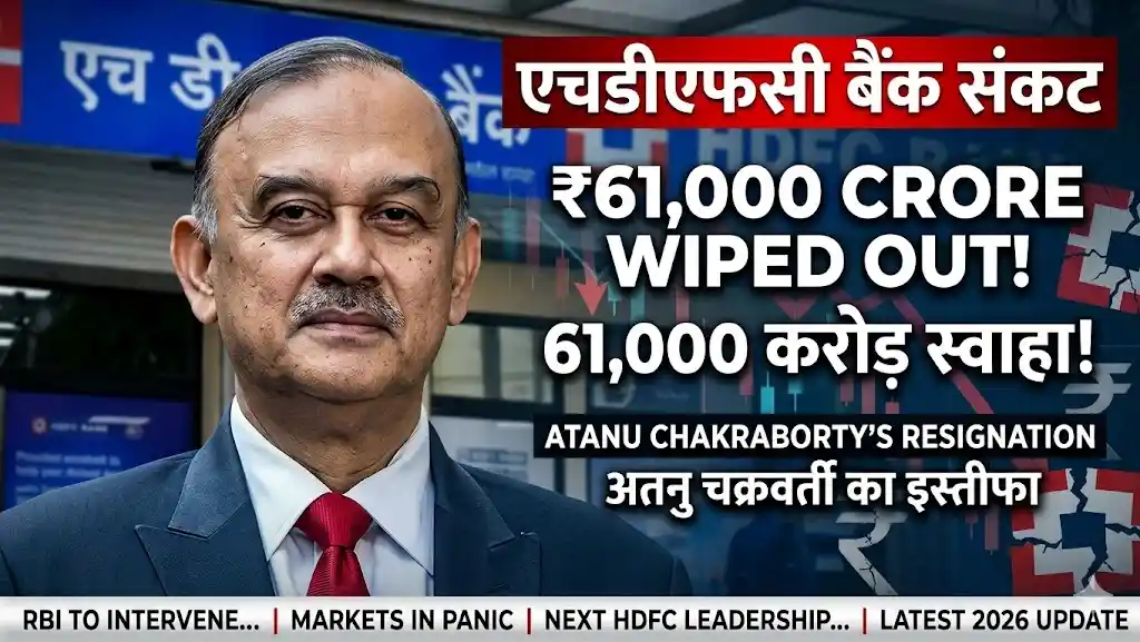 Former HDFC Bank Chairman Atanu Chakraborty with 2026 stock market crash graphics showing ₹61,000 crore market loss.