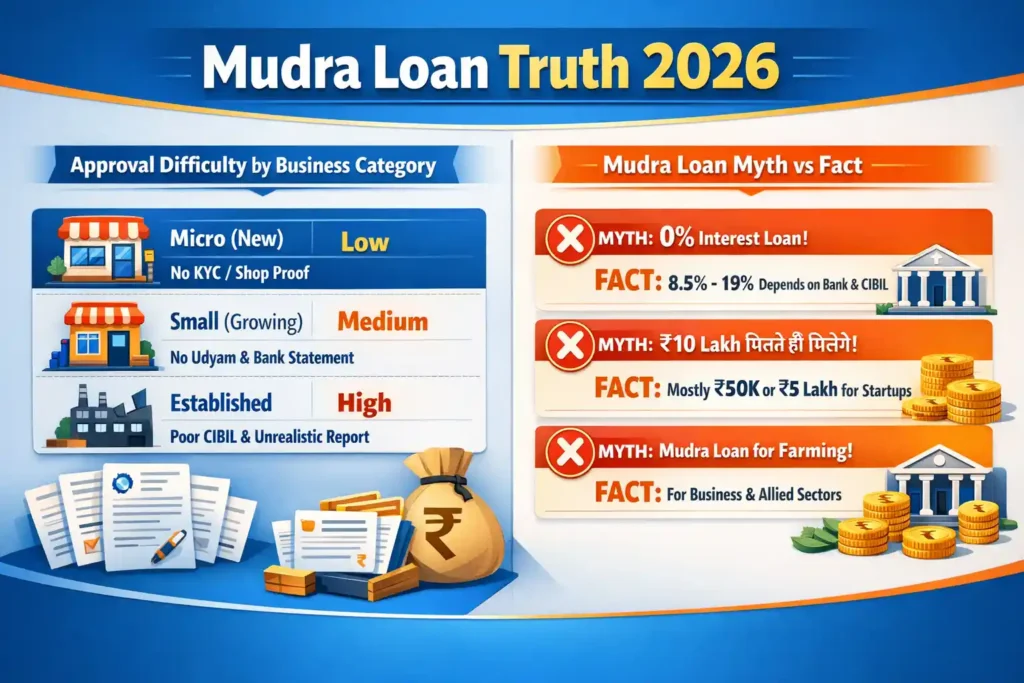 PM Mudra Loan 2026: ग्रामीण उद्यमियों के लिए ₹20 लाख तक का Collateral-Free लोन (आवेदन और लाभ) 2 Mudra Loan Truth 2026 infographic showing approval difficulty and myth vs fact for small business loans in India
