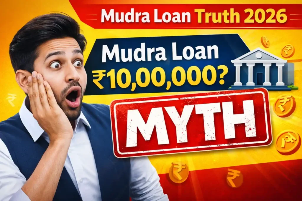 PM Mudra Loan 2026: ग्रामीण उद्यमियों के लिए ₹20 लाख तक का Collateral-Free लोन (आवेदन और लाभ) 3 Mudra Loan 10 lakh myth thumbnail showing shocked entrepreneur and myth stamp