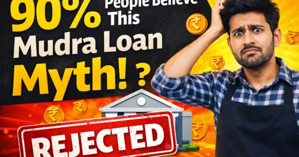 Mudra loan myth rejection thumbnail with confused business owner and bank rejected stamp