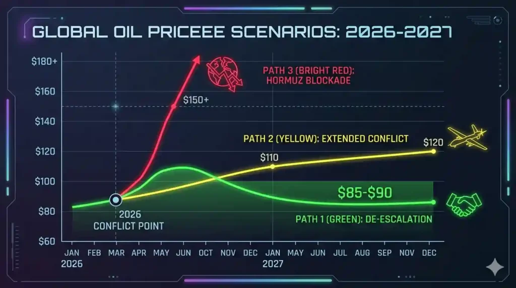 A financial line graph showing three oil price scenarios for 2026-2027: De-escalation at $85-$90, Extended Conflict at $120, and a vertical spike to $150+ during a Hormuz Blockade.