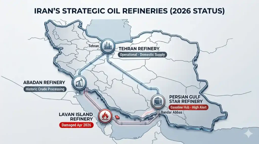 A corporate infographic map showing Iran's major oil refineries in 2026, including Persian Gulf Star, Abadan, Tehran, and the damaged Lavan Island refinery with status labels.