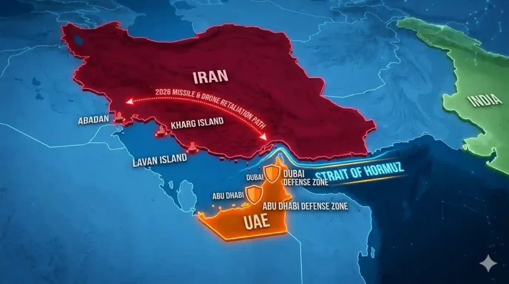 3D isometric infographic map of the Persian Gulf in 2026 showing Iran in red, UAE in orange, and India in green, highlighting the Strait of Hormuz and targeted oil refineries like Abadan and Lavan I