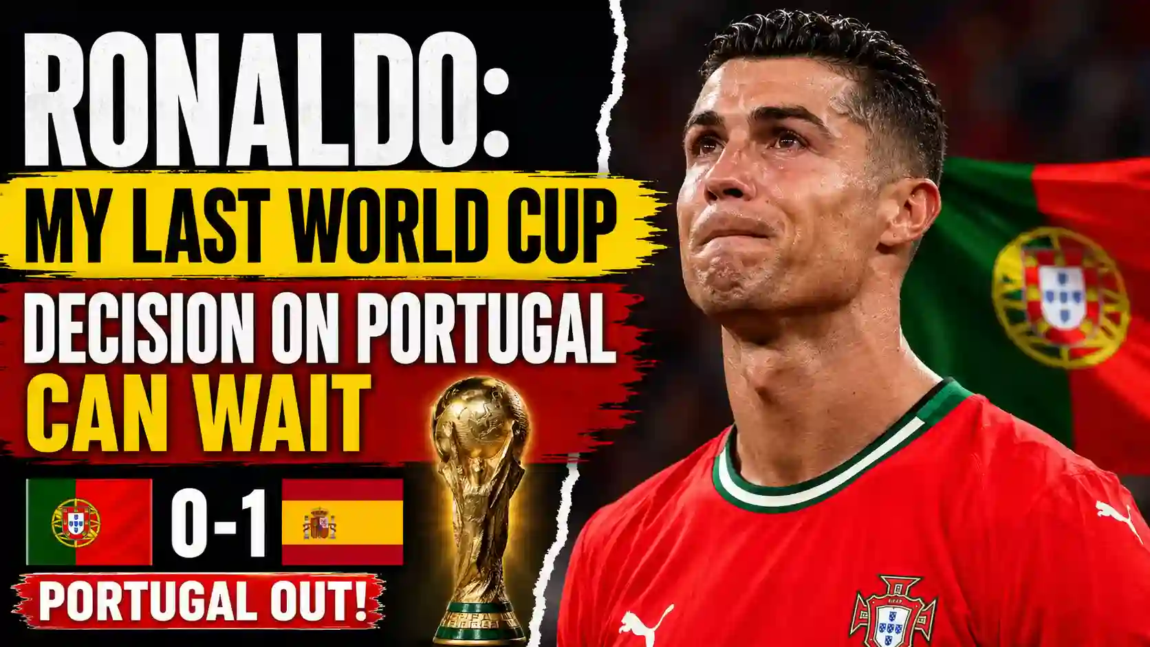Cristiano Ronaldo reacts after Portugal's FIFA World Cup 2026 Round of 16 defeat to Spain, confirming it was his final World Cup