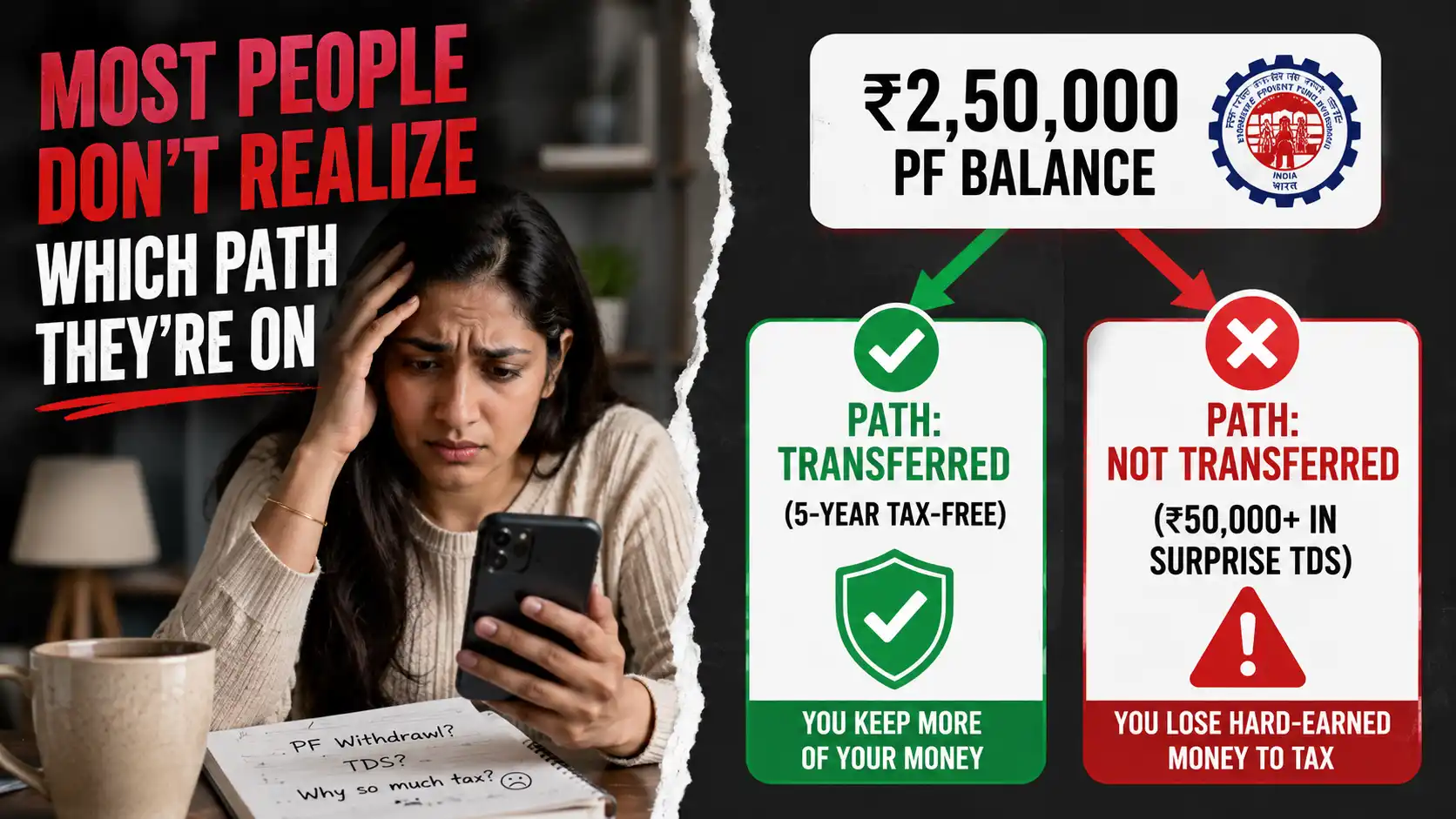 Financial comparison chart: ₹2,50,000 PF balance split into two paths—transferred path shows ₹2,50,000 with green checkmark (tax-free); non-transferred path shows ₹2,00,000 after ₹50,000 TDS penalty. Title: "Which path are you on?"