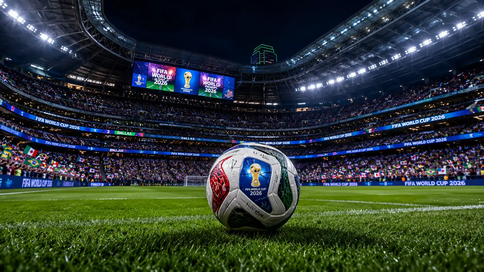 Valaistu jalkapallostadion Pohjois-Amerikassa vuoden 2026 MM-kisojen aikana