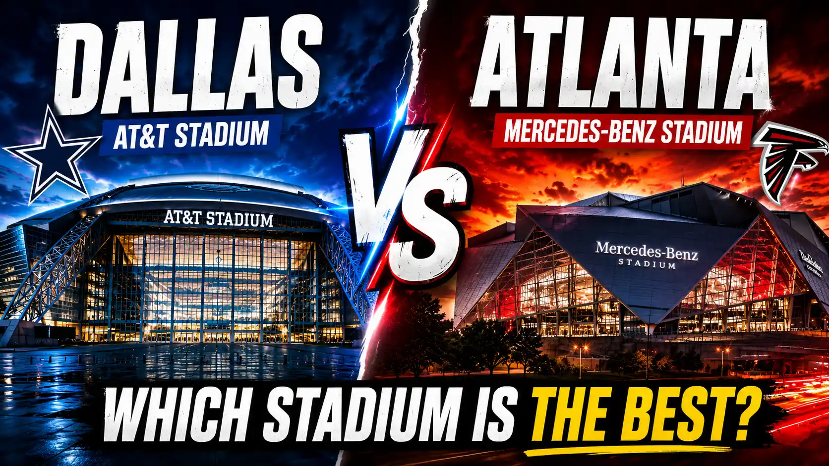 image visually captures the scale and excitement of the 2026 World Cup semi-finals, contrasting the massive Dallas Stadium (AT&T Stadium) with the architecturally unique Atlanta Stadium (Mercedes-Benz Stadium). The split graphic showcases the two host venues under a dramatic evening sky, setting the stage for the heavyweight clashes between France vs. Spain and England vs. Argentina.